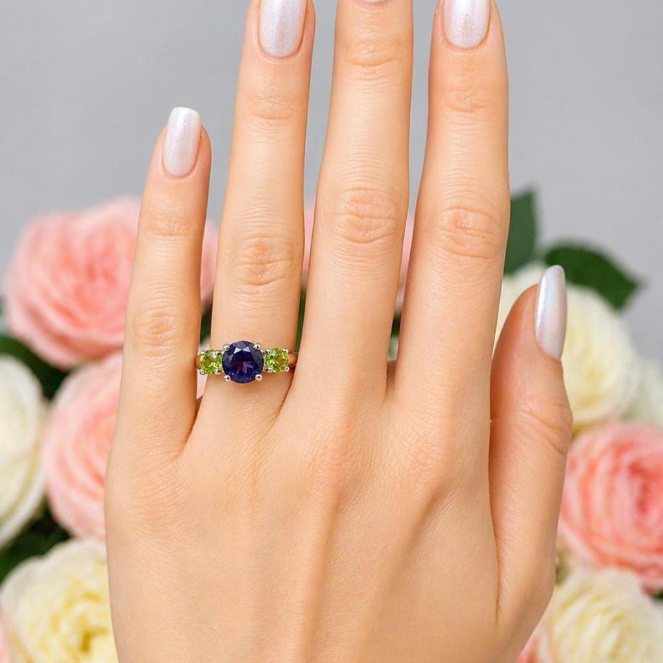 Round-Cut Amethyst & Peridot 3-Stone Ring • 8mm Center, Sterling Silver