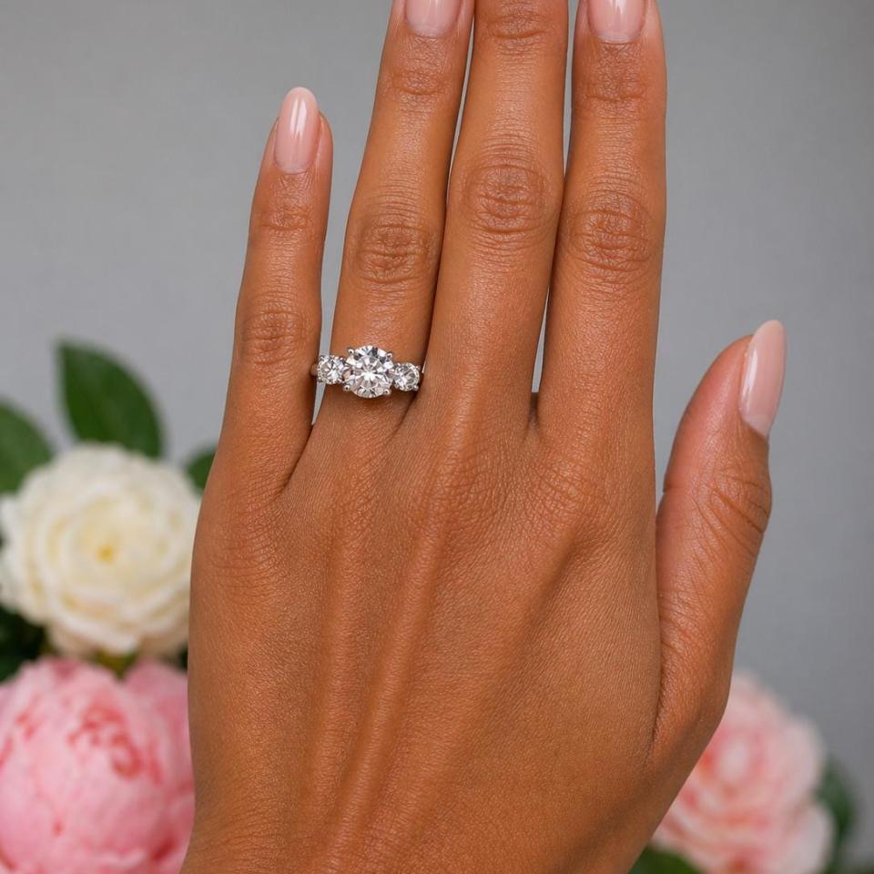 Round-Cut White Topaz 3-Stone Ring • 8mm Center, Sterling silver