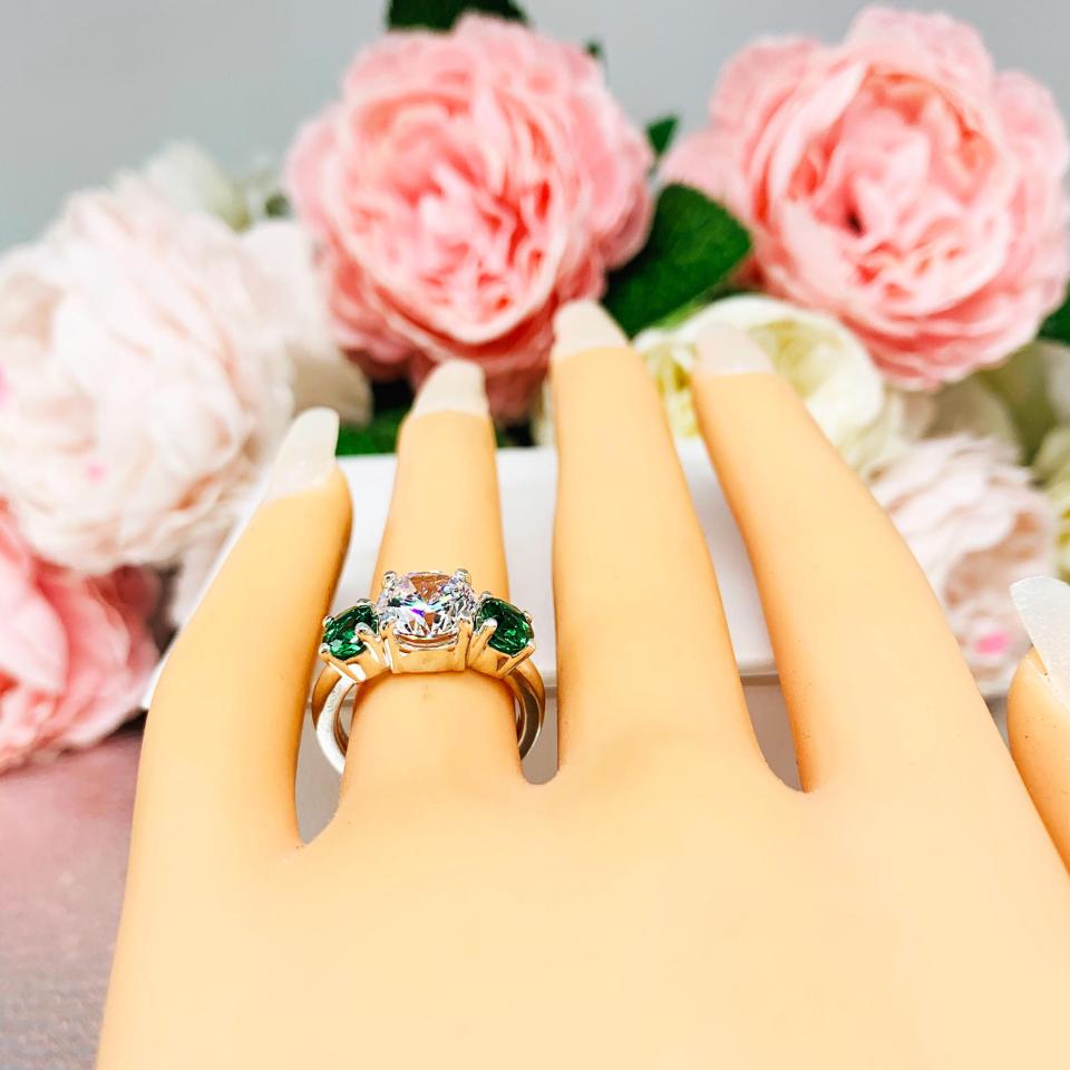 Round-Cut CZ & Lab Emerald 3-Stone Engagement Ring • 6mm—9mm, Sterling Silver