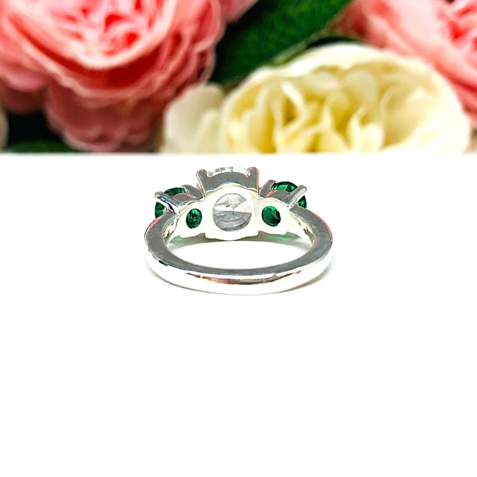 Round-Cut CZ & Lab Emerald 3-Stone Engagement Ring • 6mm—9mm, Sterling Silver