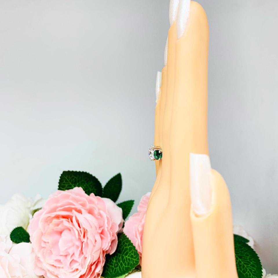 Round-Cut CZ & Lab Emerald 3-Stone Engagement Ring • 6mm—9mm, Sterling Silver