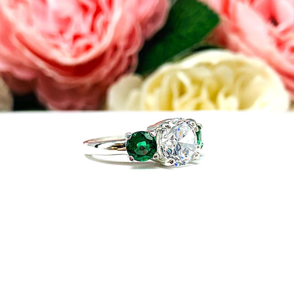 Round-Cut CZ & Lab Emerald 3-Stone Engagement Ring • 6mm—9mm, Sterling Silver