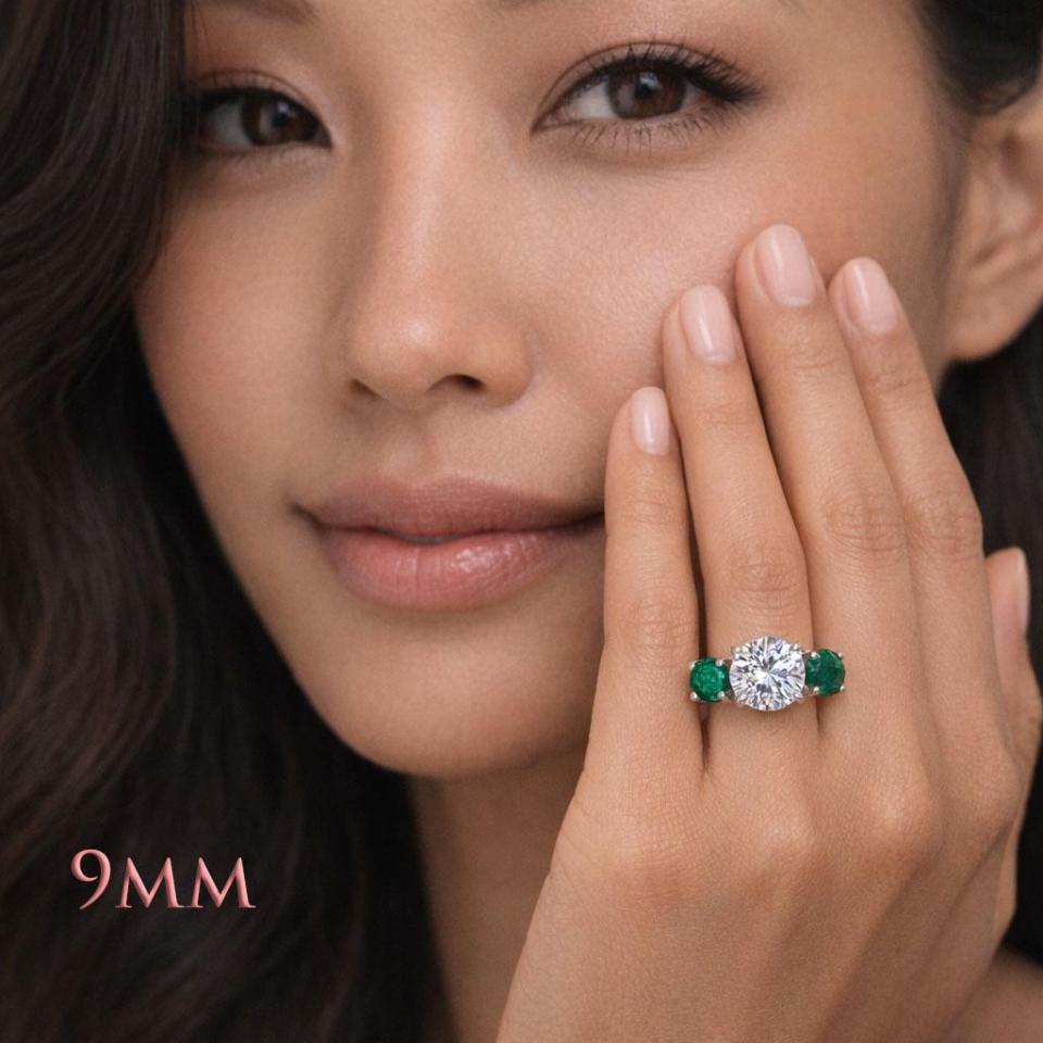 Round-Cut CZ & Lab Emerald 3-Stone Engagement Ring • 6mm—9mm, Sterling Silver