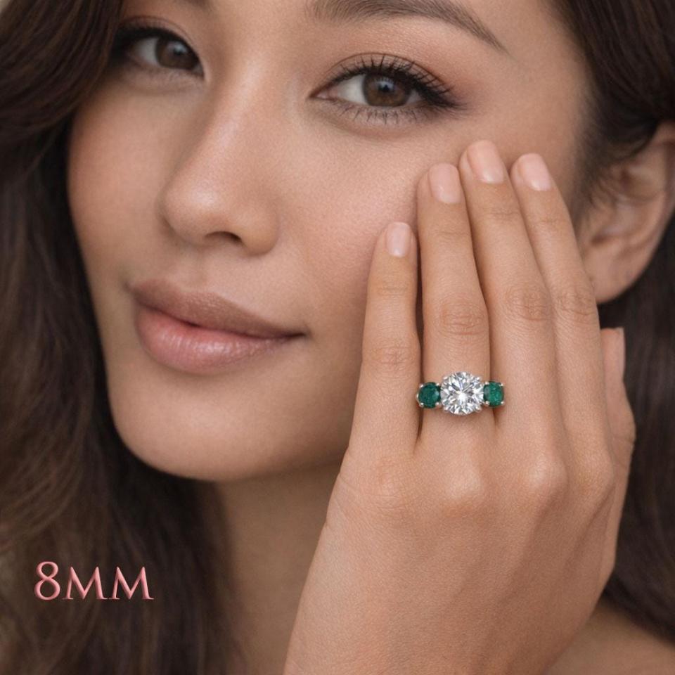 Round-Cut CZ & Lab Emerald 3-Stone Engagement Ring • 6mm—9mm, Sterling Silver