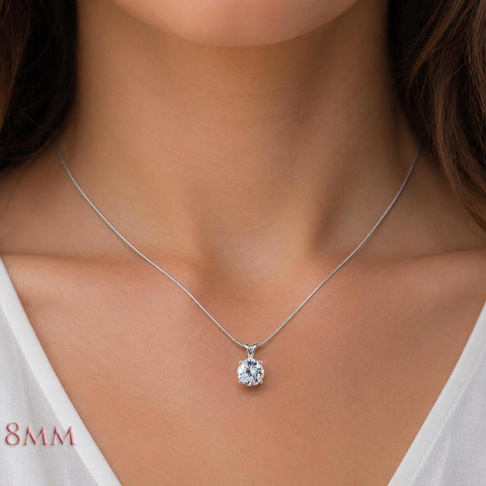 Round-Cut Lab White Sapphire Pendant or Necklace • 8mm—10mm, Sterling Silver