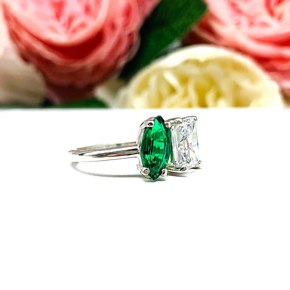 Marquise Emerald & Radiant‑Cut CZ Toi Et Moi Ring • Sterling Silver