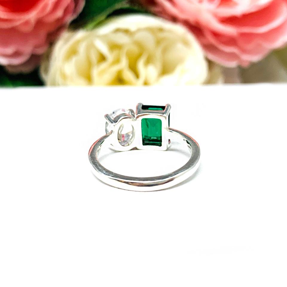 Emerald-Cut Emerald & Oval‑Cut CZ Toi Et Moi Ring • Sterling Silver