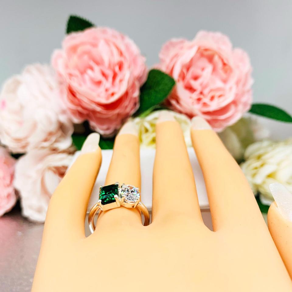 Emerald-Cut Emerald & Oval‑Cut CZ Toi Et Moi Ring • Sterling Silver