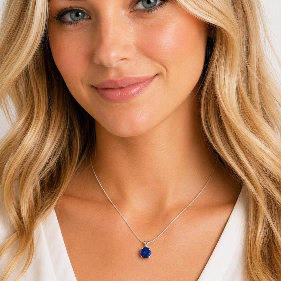 Round-Cut Lab Blue Sapphire Pendant or Necklace • 6mm—10mm, Sterling Silver