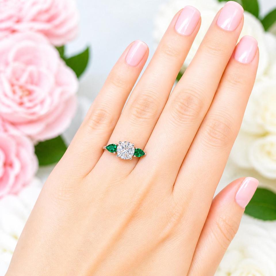 Round-Cut CZ & Lab Emerald Pear 3-Stone Engagement Ring • 8mm Center, Sterling Silver