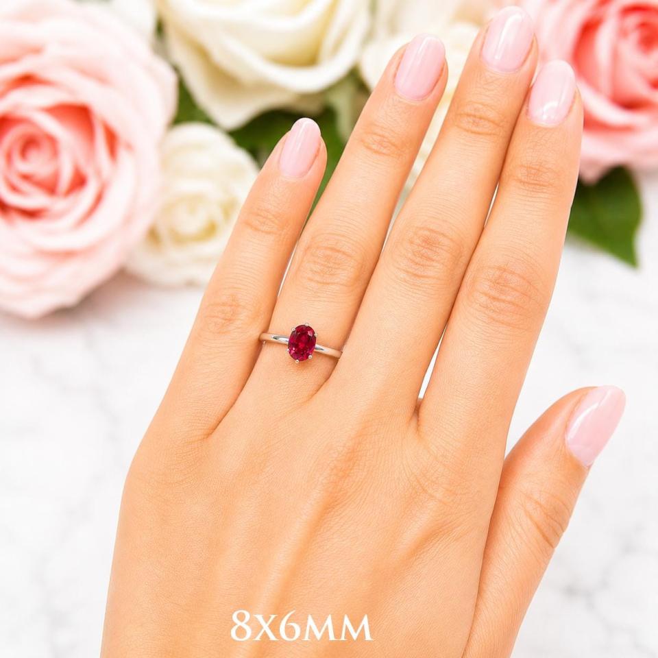 Oval-Cut Lab Ruby Solitaire Ring • 8x6mm—10x8mm, Sterling Silver