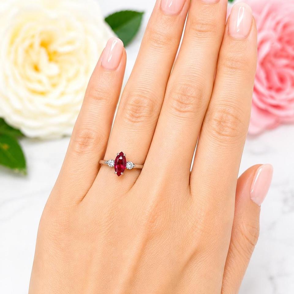 Marquise-Cut Lab Ruby & CZ 3-Stone Ring • 10x5mm—14x7mm, Sterling Silver