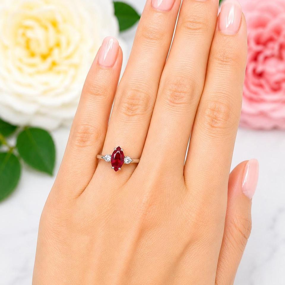 Marquise-Cut Lab Ruby & CZ 3-Stone Ring • 10x5mm—14x7mm, Sterling Silver