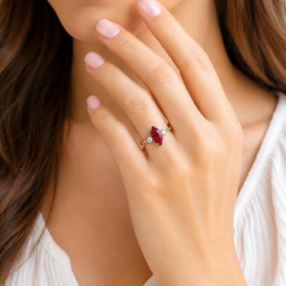 Marquise-Cut Lab Ruby & CZ 3-Stone Ring • 10x5mm—14x7mm, Sterling Silver