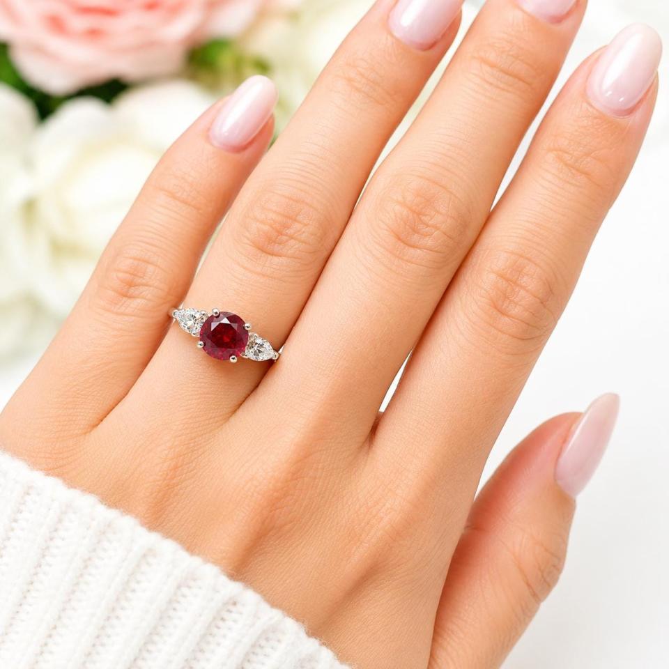 Round-Cut Lab Ruby & Pear-Cut CZ 3-Stone Ring • 8mm Center, Sterling Silver