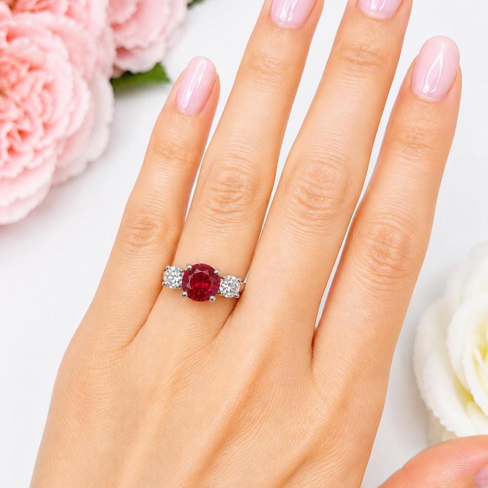 Round-Cut Lab Ruby & CZ 3-Stone Ring • 6mm—9mm, Sterling Silver