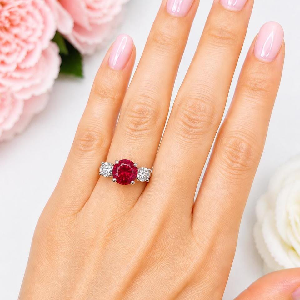 Round-Cut Lab Ruby & CZ 3-Stone Ring • 6mm—9mm, Sterling Silver