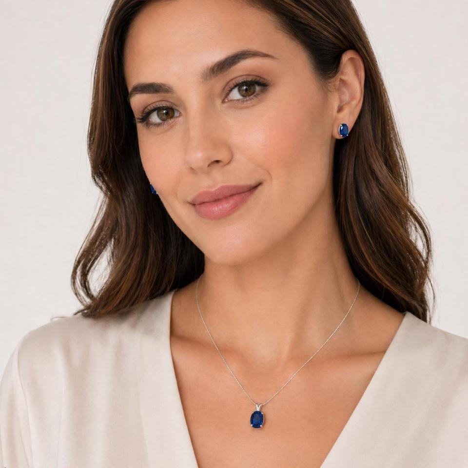 A woman wearing oval lab blue sapphire sterling silver stud earrings and matching pendant necklace. The text, 'IMAGE FOR STYLING REFERENCE ONLY - SEE LISTING FOR EXACT ITEM DETAILS. PENDANT NECKLACE SOLD SEPARATELY' appears in pink text at the bottom of the image. Model image for size and styling reference — not a photo of the actual jewelry.