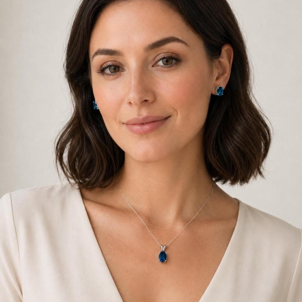 Headshot of a woman wearing oval‑cut teal blue lab gemstone stud earrings and matching pendant suspended on a chain in sterling silver. The text 'EARRINGS SOLD SEPARATELY' appears in the image. Model image for size and styling reference — not a photo of the actual necklace.