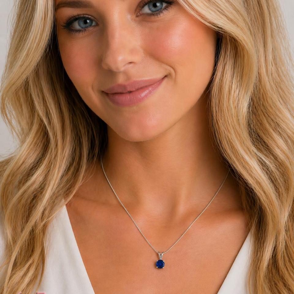 Round-Cut Lab Blue Sapphire Pendant or Necklace • 6mm—10mm, Sterling Silver