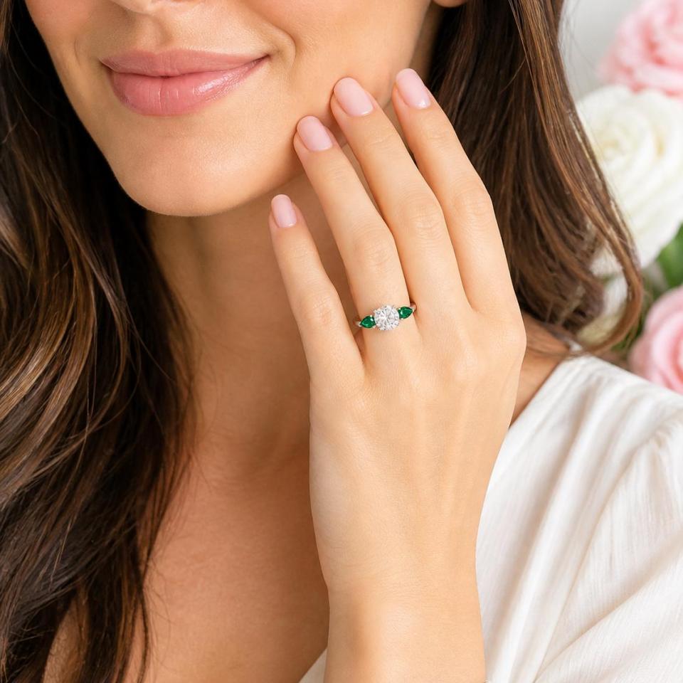 Round-Cut CZ & Lab Emerald Pear 3-Stone Engagement Ring • 8mm Center, Sterling Silver