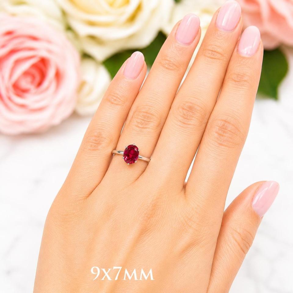 Oval-Cut Lab Ruby Solitaire Ring • 8x6mm—10x8mm, Sterling Silver