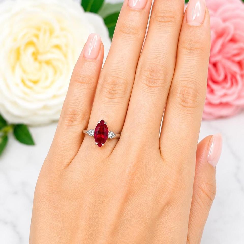 Marquise-Cut Lab Ruby & CZ 3-Stone Ring • 10x5mm—14x7mm, Sterling Silver