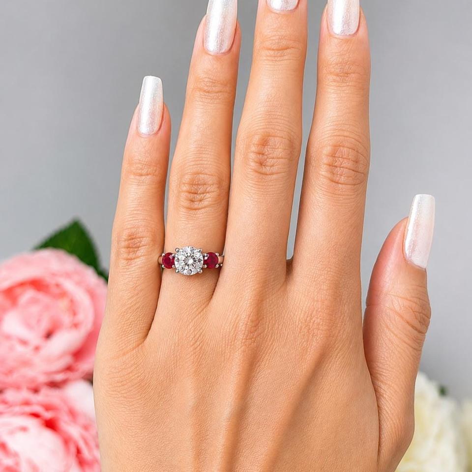 Round-Cut CZ & Lab Ruby 3-Stone Engagement Ring • 6mm—9mm, Sterling Silver