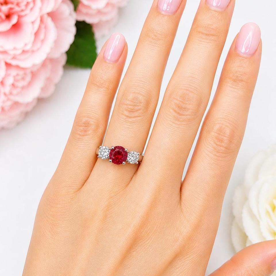 Round-Cut Lab Ruby & CZ 3-Stone Ring • 6mm—9mm, Sterling Silver