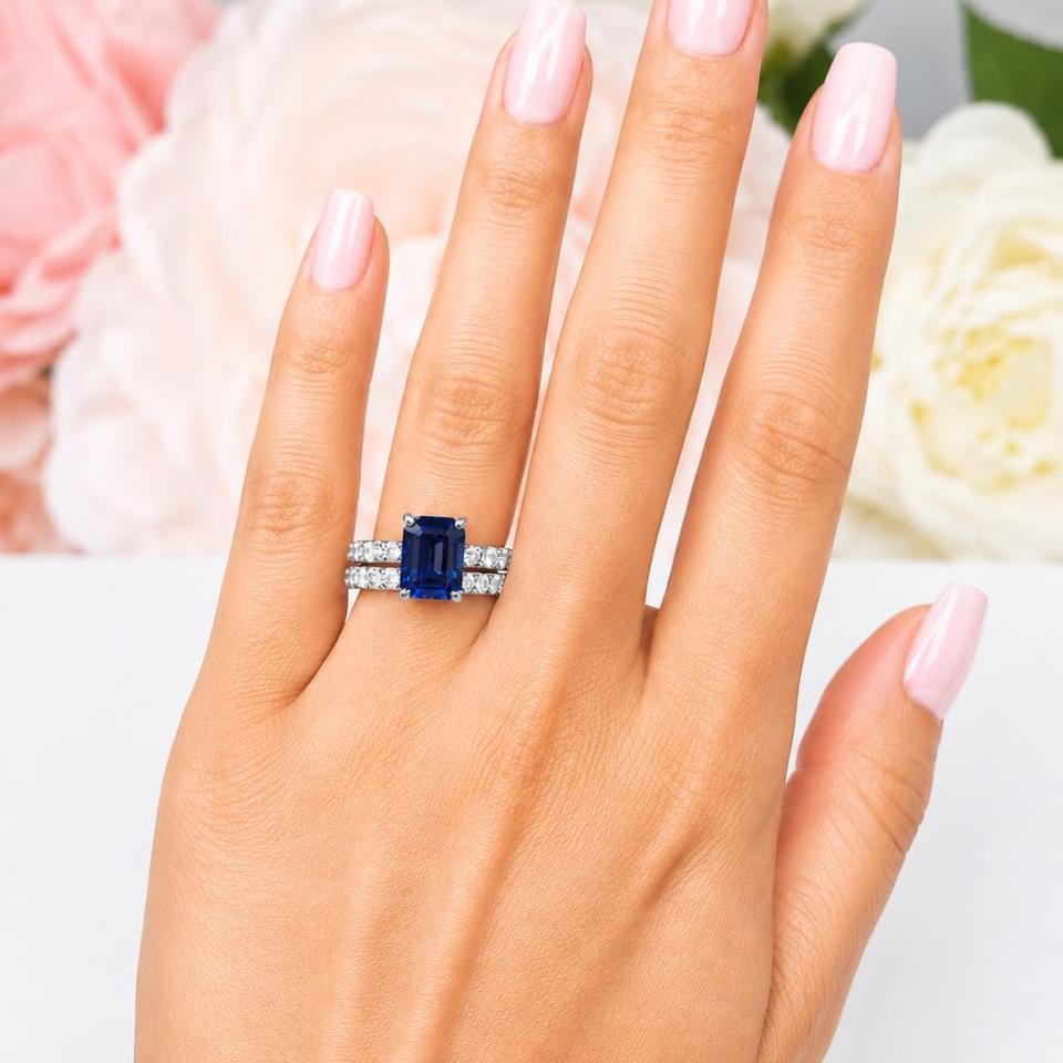Emerald-Cut Lab Blue Sapphire & CZ Engagement Ring or Bridal Set • 8x6mm—12x10mm, Sterling Silver