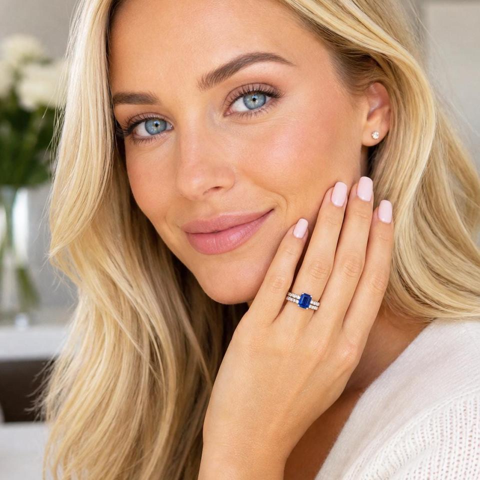 Emerald-Cut Lab Blue Sapphire & CZ Engagement Ring or Bridal Set • 8x6mm—12x10mm, Sterling Silver