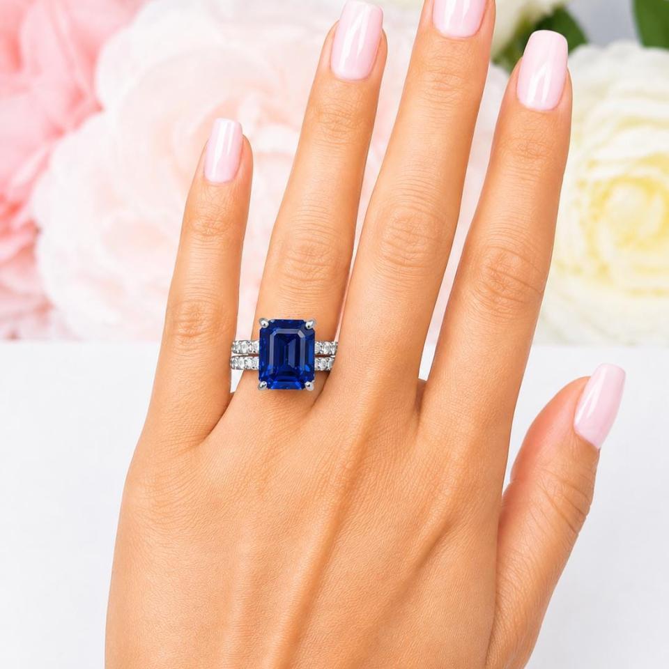 Emerald-Cut Lab Blue Sapphire & CZ Engagement Ring or Bridal Set • 8x6mm—12x10mm, Sterling Silver