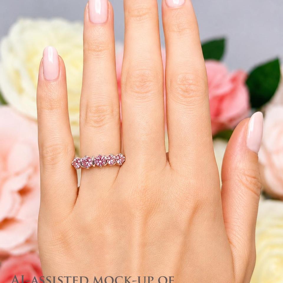 Round-Cut Lab Padparadscha Sapphire Band • 4mm, 4 or 5-Stone, Sterling Silver