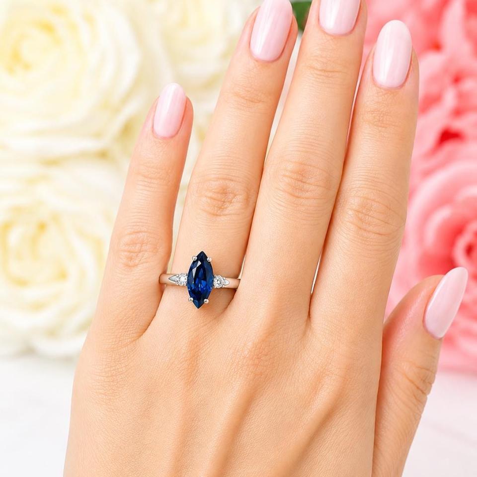 Marquise-Cut Lab Blue Sapphire & CZ 3-Stone Ring • 10x5mm—14x7mm, Sterling Silver
