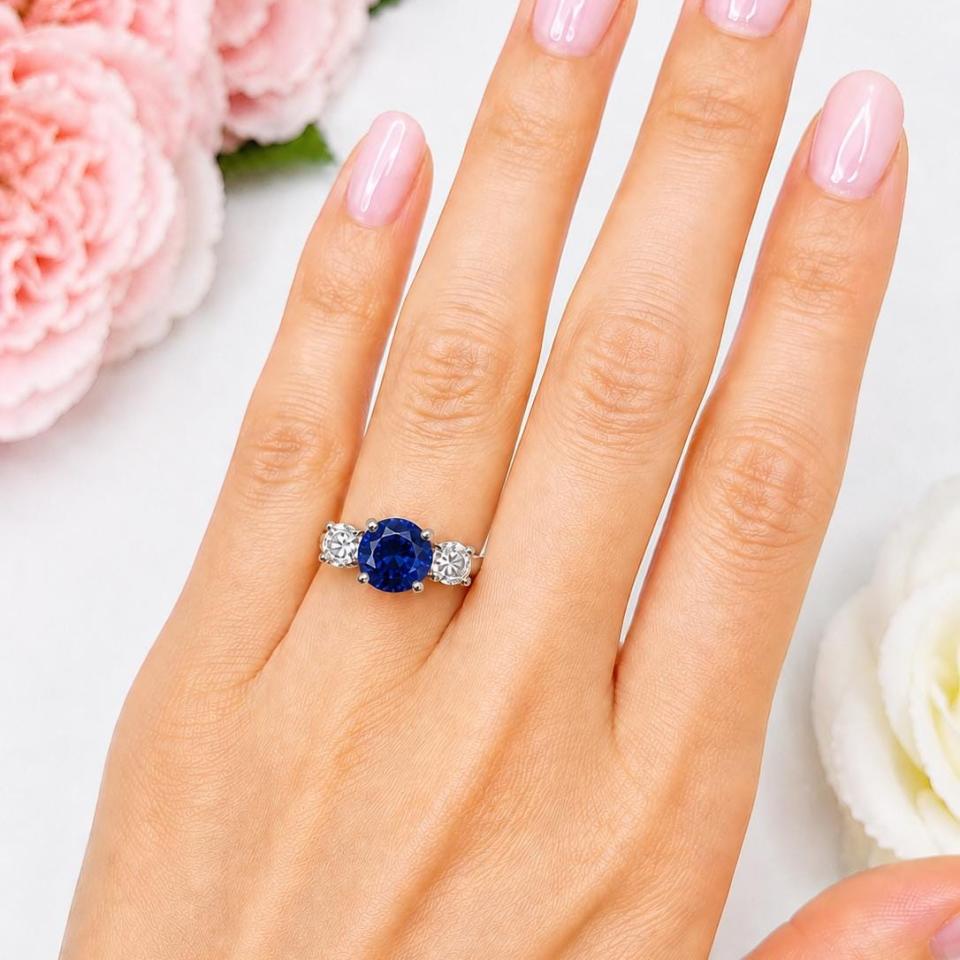 Round-Cut Lab Blue Sapphire & CZ 3-Stone Ring •  6mm—9mm, Sterling Silver