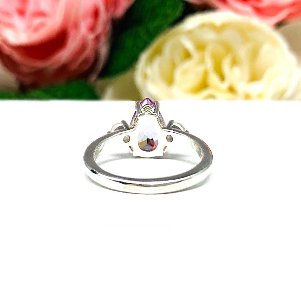 Pear-Cut Rose de France Amethyst & Rainbow Moonstone Ring • 10x7mm, Sterling Silver