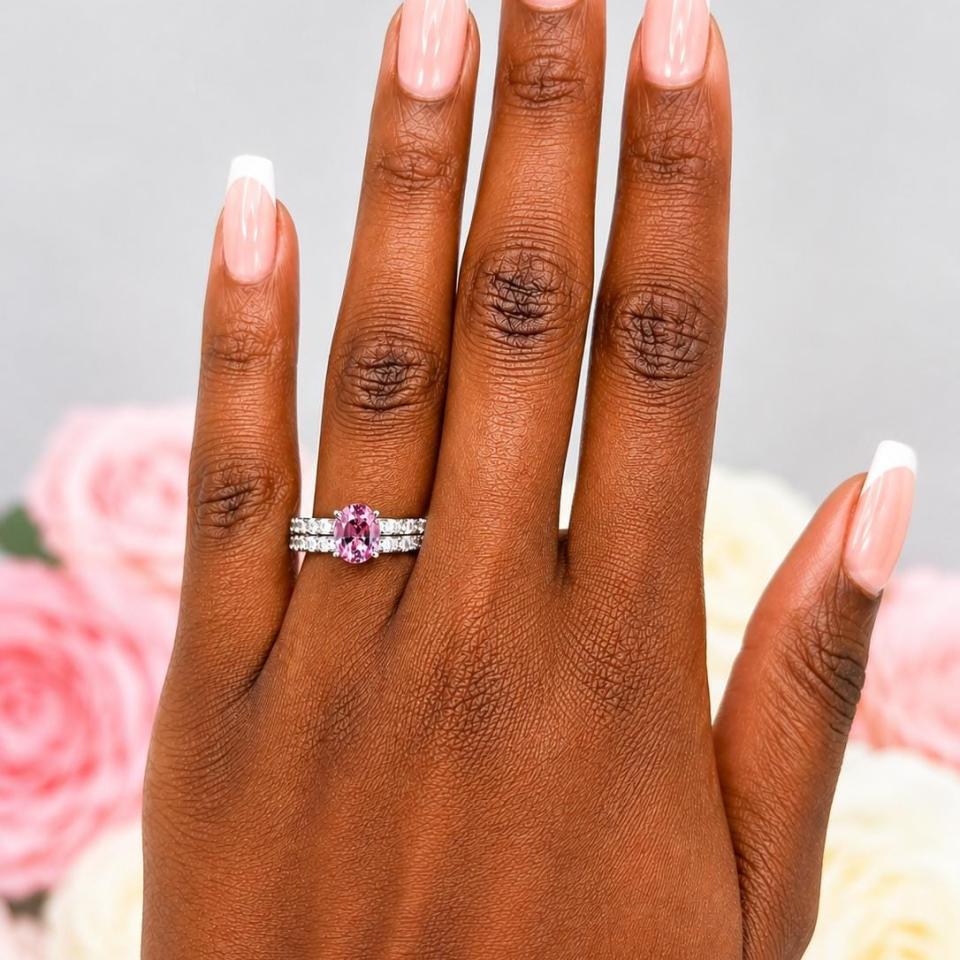 Oval-Cut Lab Pink Sapphire & CZ Engagement Ring or Bridal Set • 8x6mm—9x7mm, Sterling Silver