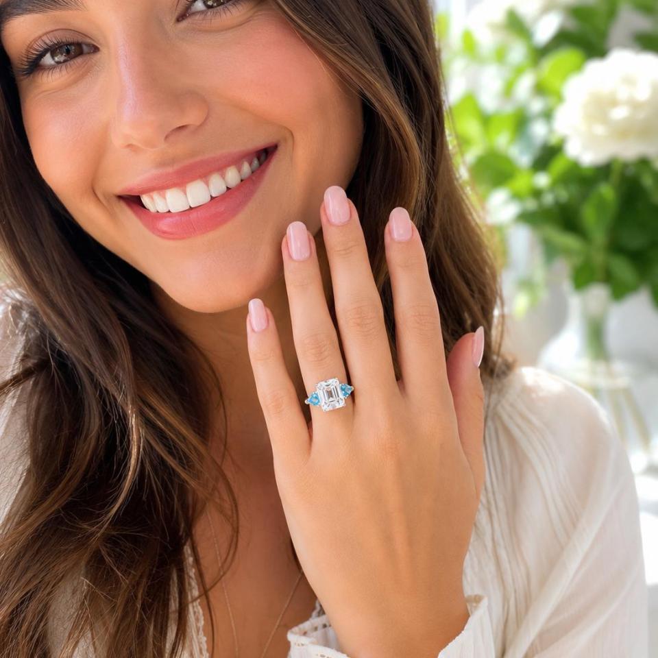 Emerald‑Cut Lab White Sapphire & Swiss Blue Topaz 3‑Stone Ring • 11x9mm, Sterling Silver