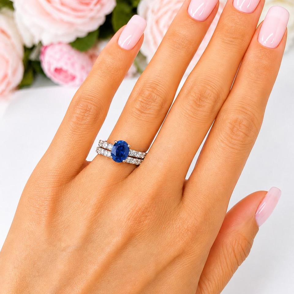 Oval-Cut Lab Blue Sapphire & CZ Engagement Ring or Bridal Set • 8x6mm—9x7mm, Sterling Silver