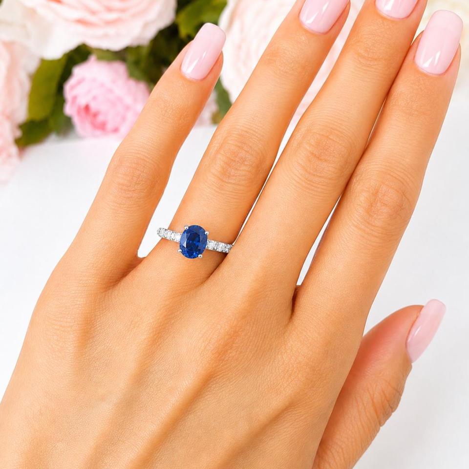 Oval-Cut Lab Blue Sapphire & CZ Engagement Ring or Bridal Set • 8x6mm—9x7mm, Sterling Silver