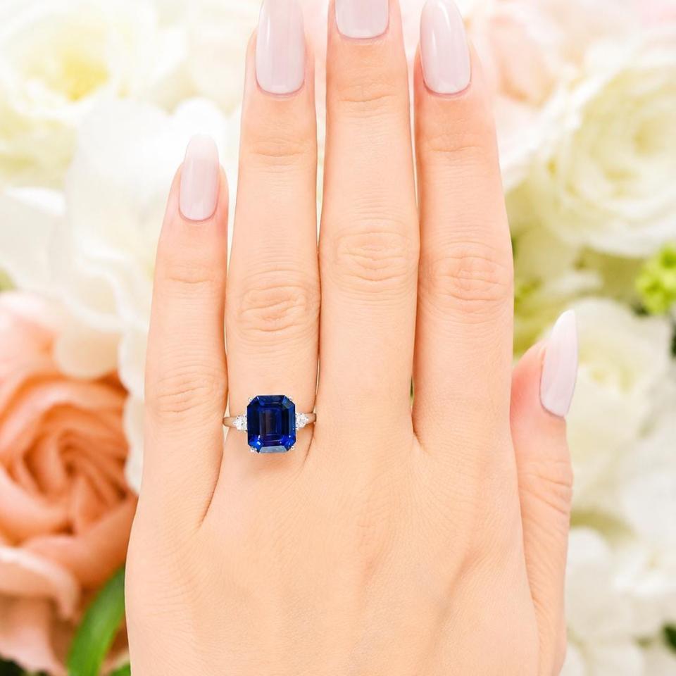 Emerald-Cut Lab Blue Sapphire & CZ 3-Stone Ring • 10x8mm—12x10mm, Sterling Silver