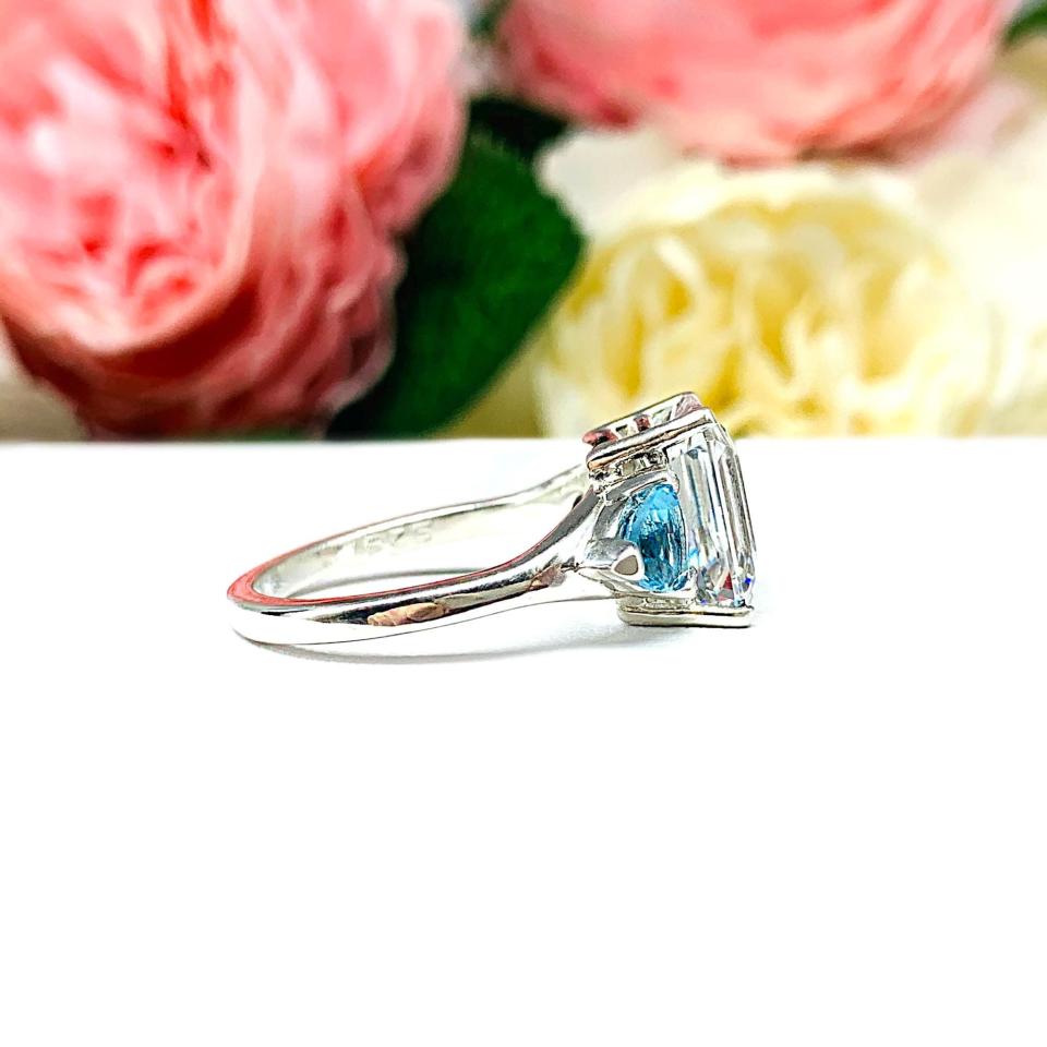 Emerald‑Cut Lab White Sapphire & Swiss Blue Topaz 3‑Stone Ring • 11x9mm, Sterling Silver