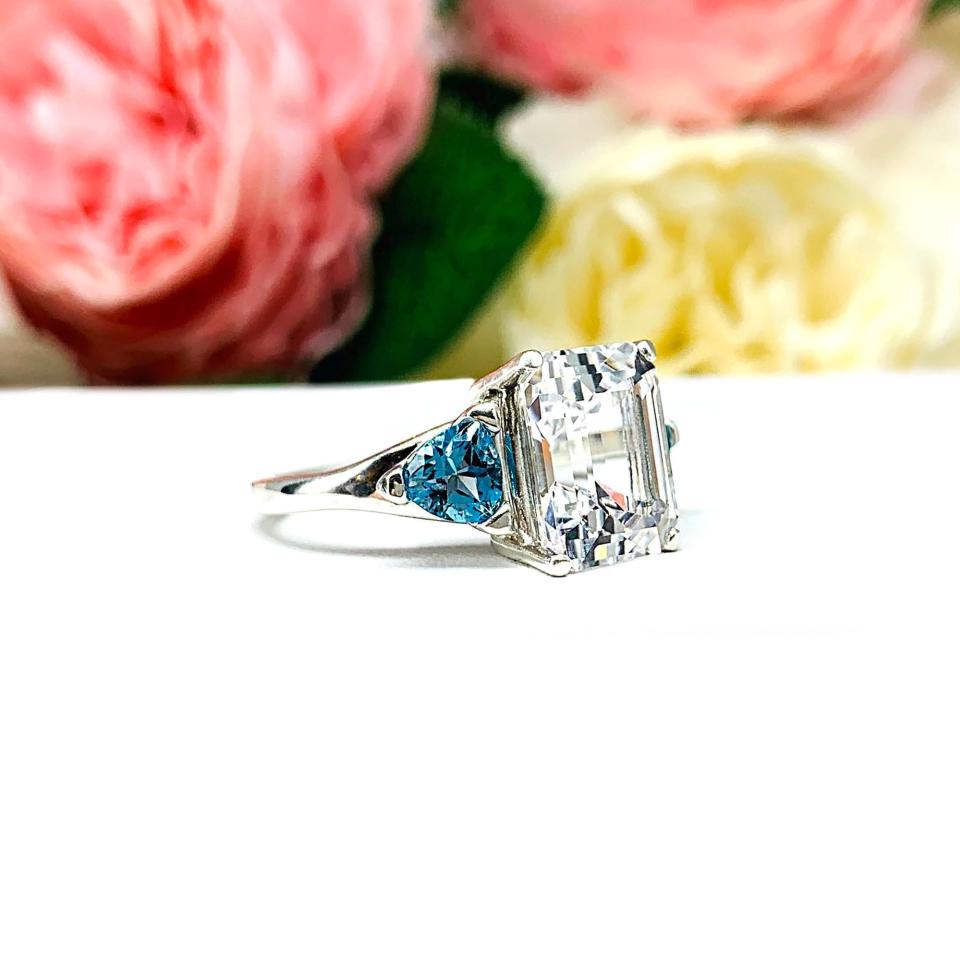 Emerald‑Cut Lab White Sapphire & Swiss Blue Topaz 3‑Stone Ring • 11x9mm, Sterling Silver