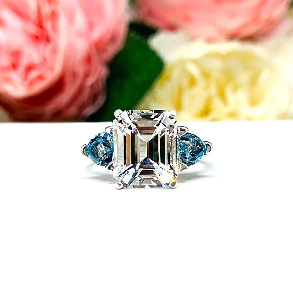Emerald‑Cut Lab White Sapphire & Swiss Blue Topaz 3‑Stone Ring • 11x9mm, Sterling Silver