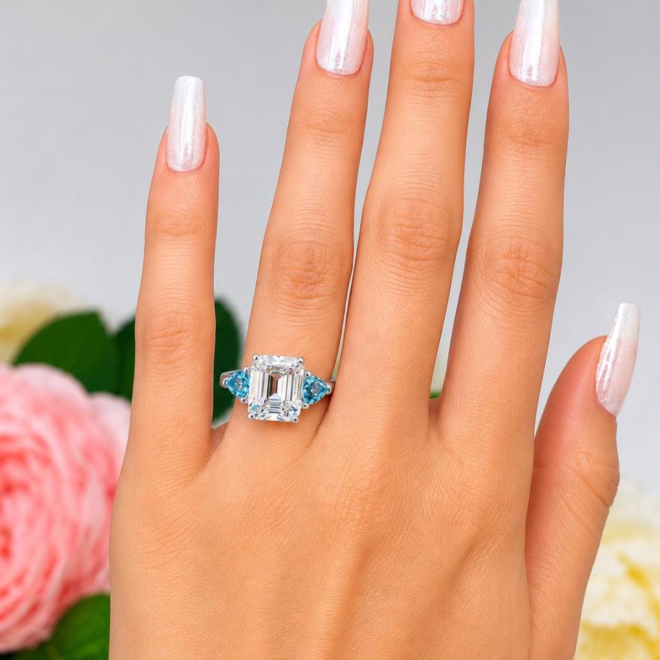 Emerald‑Cut Lab White Sapphire & Swiss Blue Topaz 3‑Stone Ring • 11x9mm, Sterling Silver