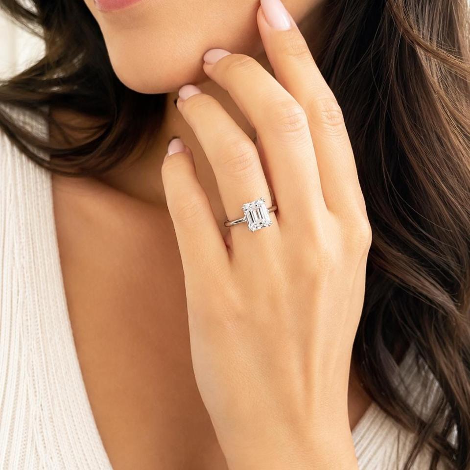Emerald-Cut Lab White Sapphire Engagement Ring • 10x8mm—12x10mm, Sterling Silver