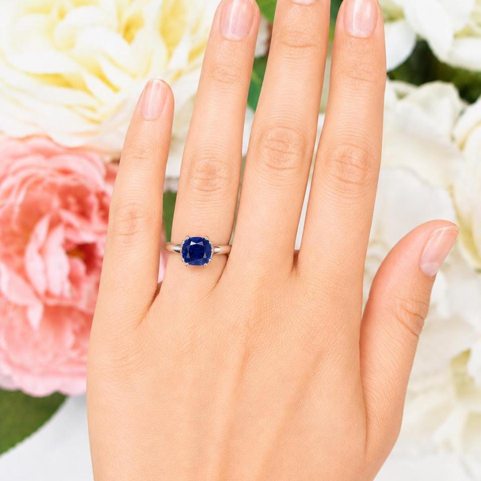 Cushion-Cut Lab Blue Sapphire Solitaire Ring • 8mm, Sterling Silver