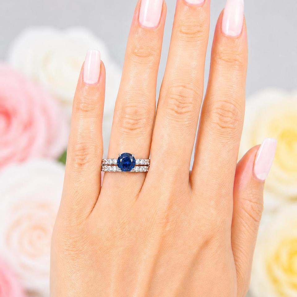 Round-Cut Lab Blue Sapphire & CZ Engagement Ring or Bridal Set • 6.5mm–8mm, Sterling Silver