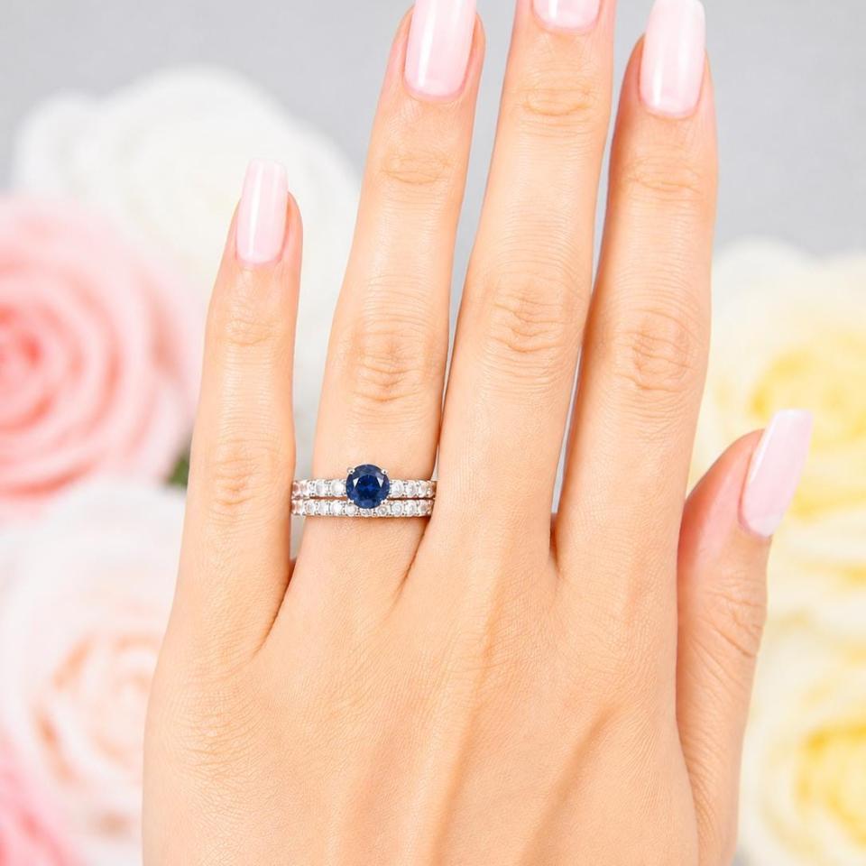 Round-Cut Lab Blue Sapphire & CZ Engagement Ring or Bridal Set • 6.5mm–8mm, Sterling Silver