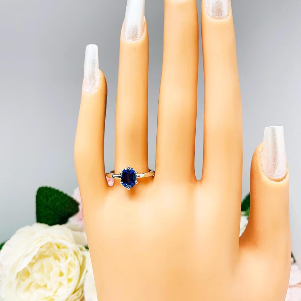Oval-Cut Lab Blue Sapphire Solitaire Ring • 8x6mm—10x8mm, Sterling Silver, 6-Prong